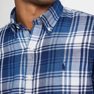 Polo Ralph Lauren Navy White Long Sleeves Flannel Plaid Shirt Blue/White-Size L